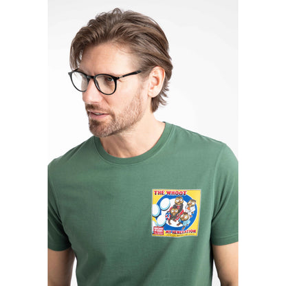 Close-up view of a man wearing a Weird Fish short sleeve The Whoot 'My Heneration' printed t-shirt in Dusky Green
