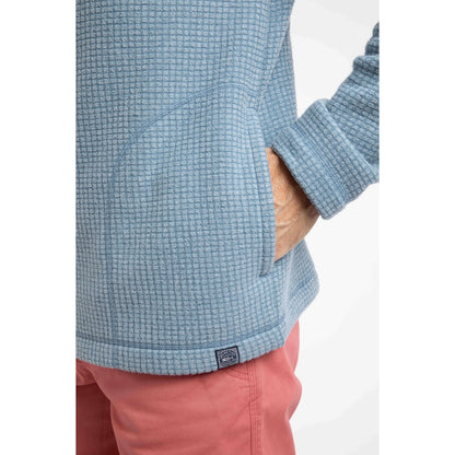 Close-up view of a tummy pocket on a mens Weird Fish full zip Shires grid textured fleece in Light Blue