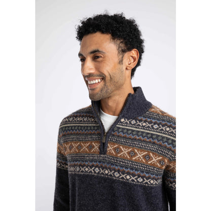 FrontClose-up1/4 zip Larner knitted jumper in Midnight Navy with a Fair Isle pattern across the chest and shoulders.