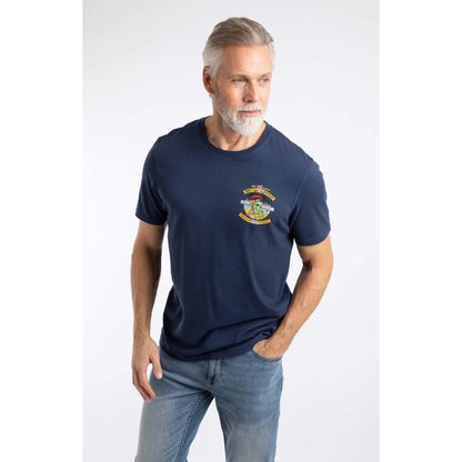 A man wearing a Weird Fish Cod and Chips print short sleeve t-shirt in Dark Blue.