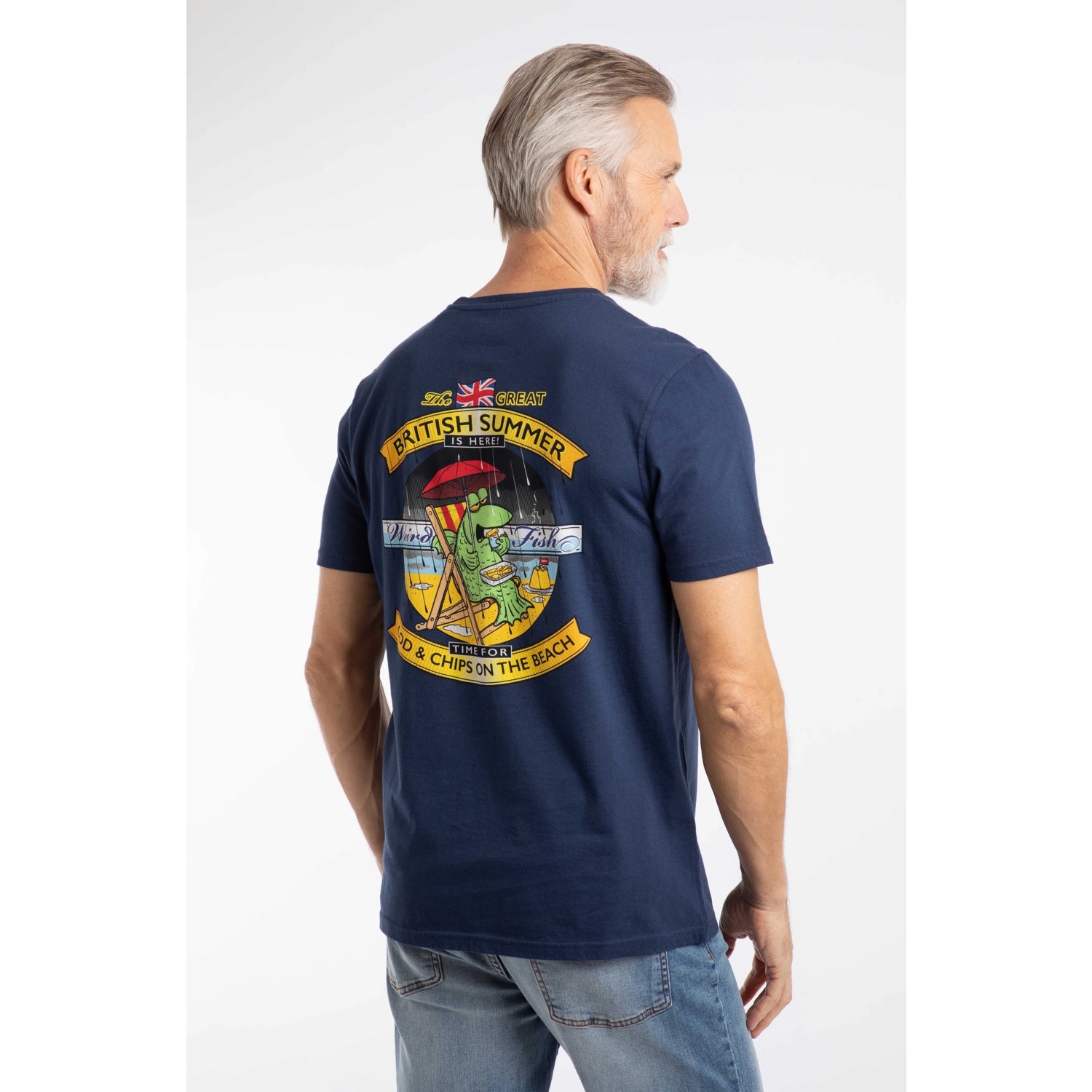 Back view of a man wearing a Weird Fish Cod and Chips print short sleeve t-shirt in Dark Blue with large print on the back