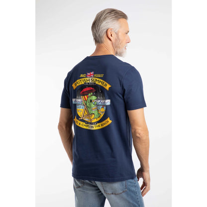 Back view of a man wearing a Weird Fish Cod and Chips print short sleeve t-shirt in Dark Blue with large print on the back