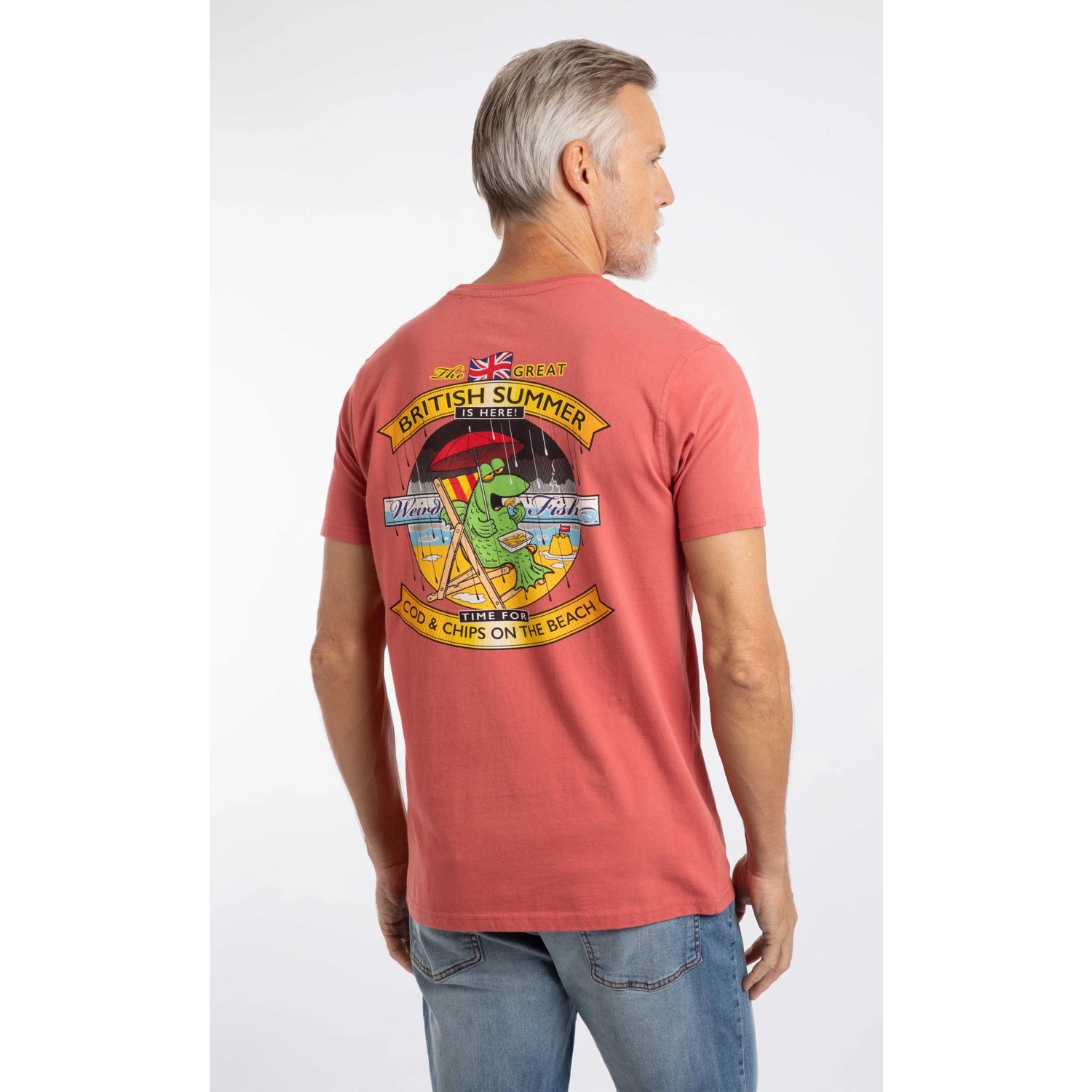 Back view of a man wearing a Weird Fish Cod and Chips print short sleeve t-shirt in Nantucket Red with large print on the back