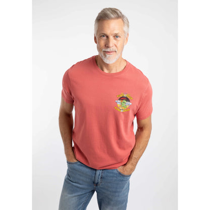 A man wearing a Weird Fish Cod and Chips print short sleeve t-shirt in Nantucket Red.