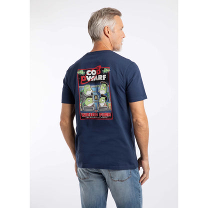 Back view of a man wearing a Weird Fish men's Cod Dwarf printed short sleeve t-shirt in Dark Blue.