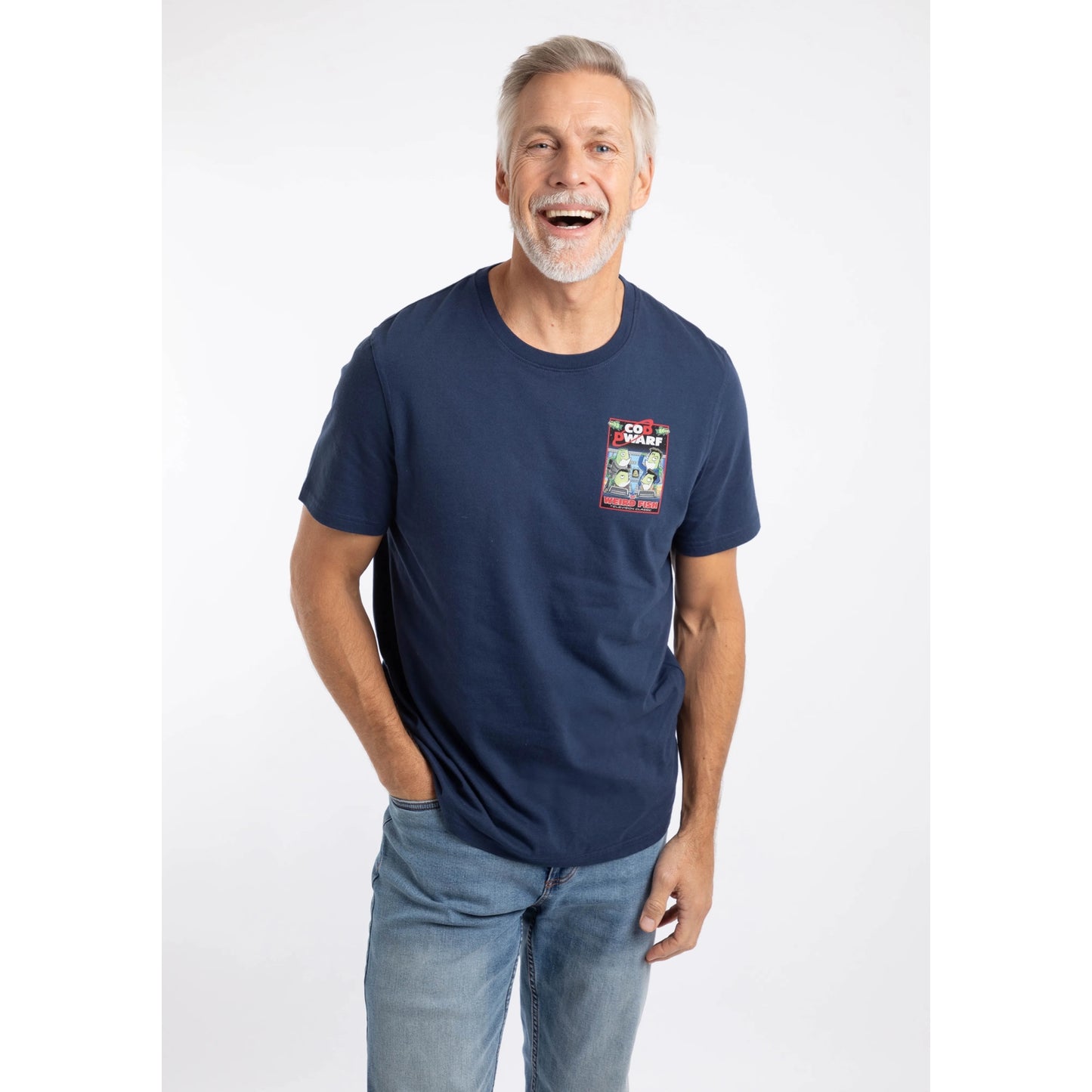 Front view of a man wearing a Weird Fish men's Cod Dwarf printed short sleeve t-shirt in Dark Blue.