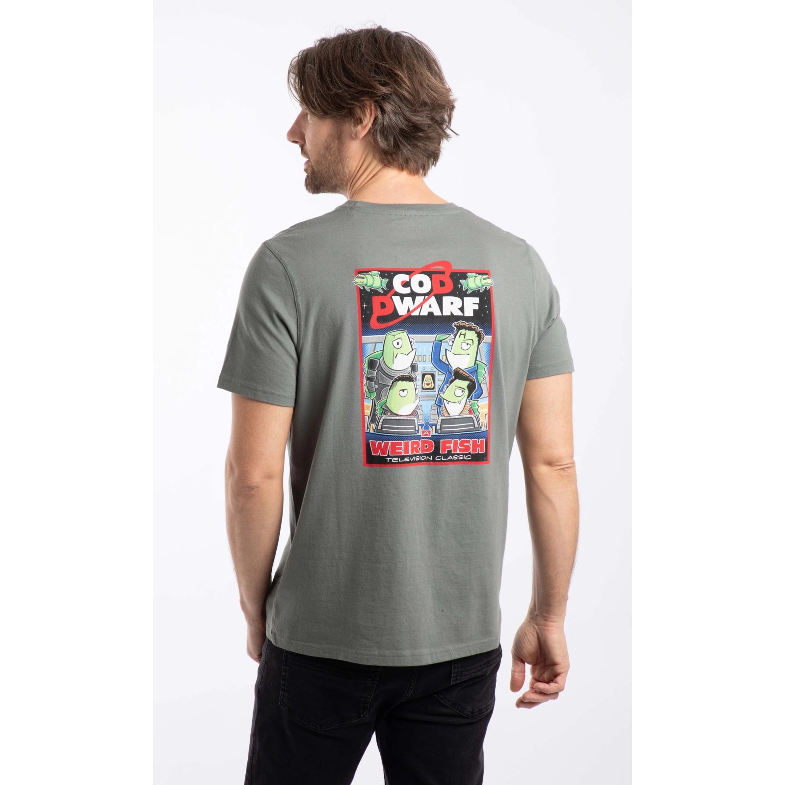 Back view of a man wearing a Weird Fish men's Cod Dwarf printed short sleeve t-shirt in Storm Grey.