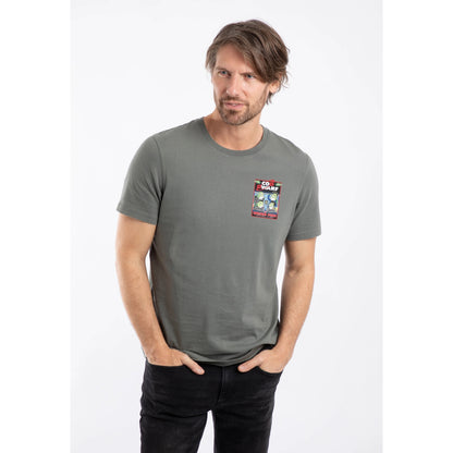 Front view of a man wearing a Weird Fish men's Cod Dwarf printed short sleeve t-shirt in Storm Grey.