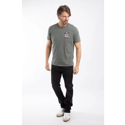 A man wearing a Weird Fish men's Cod Dwarf printed short sleeve t-shirt in Storm Grey with black  trousers.