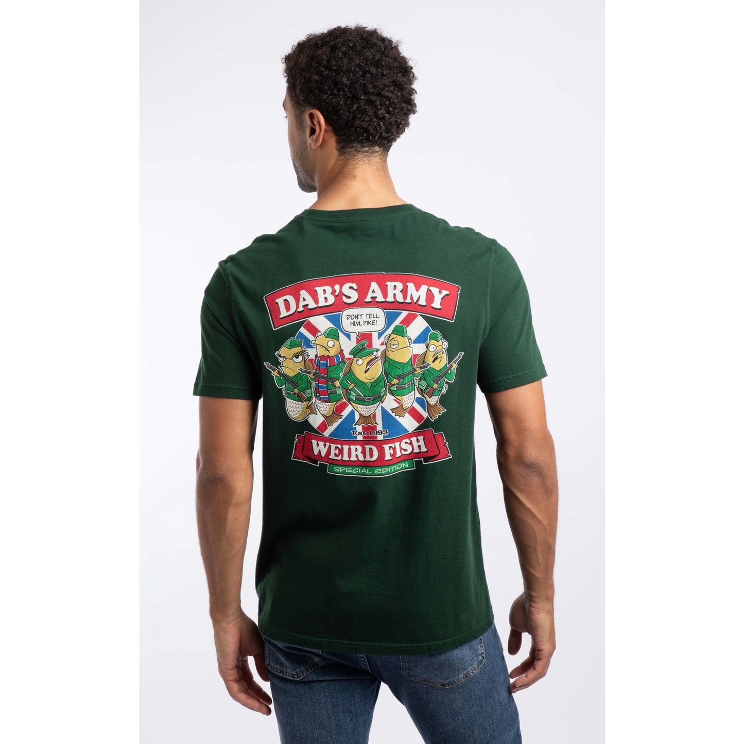 Back view of a man wearing a Weird Fish Dab's Army printed t-shirt, in beetle green, featuring a large Dad's Army TV show themed print with the lines: "Dab's Army" "Don't Tell Him, Pike!", "Weird Fish".