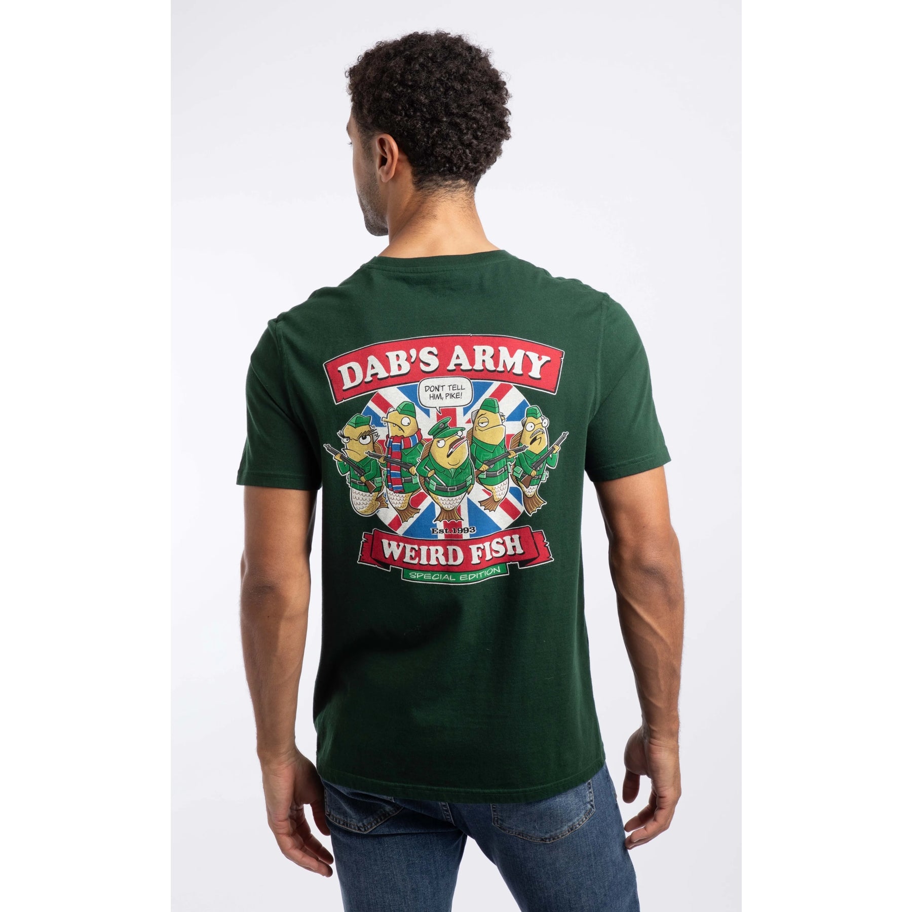 Back view of a man wearing a Weird Fish Dab's Army printed t-shirt, in beetle green, featuring a large Dad's Army TV show themed print with the lines: "Dab's Army" "Don't Tell Him, Pike!", "Weird Fish".