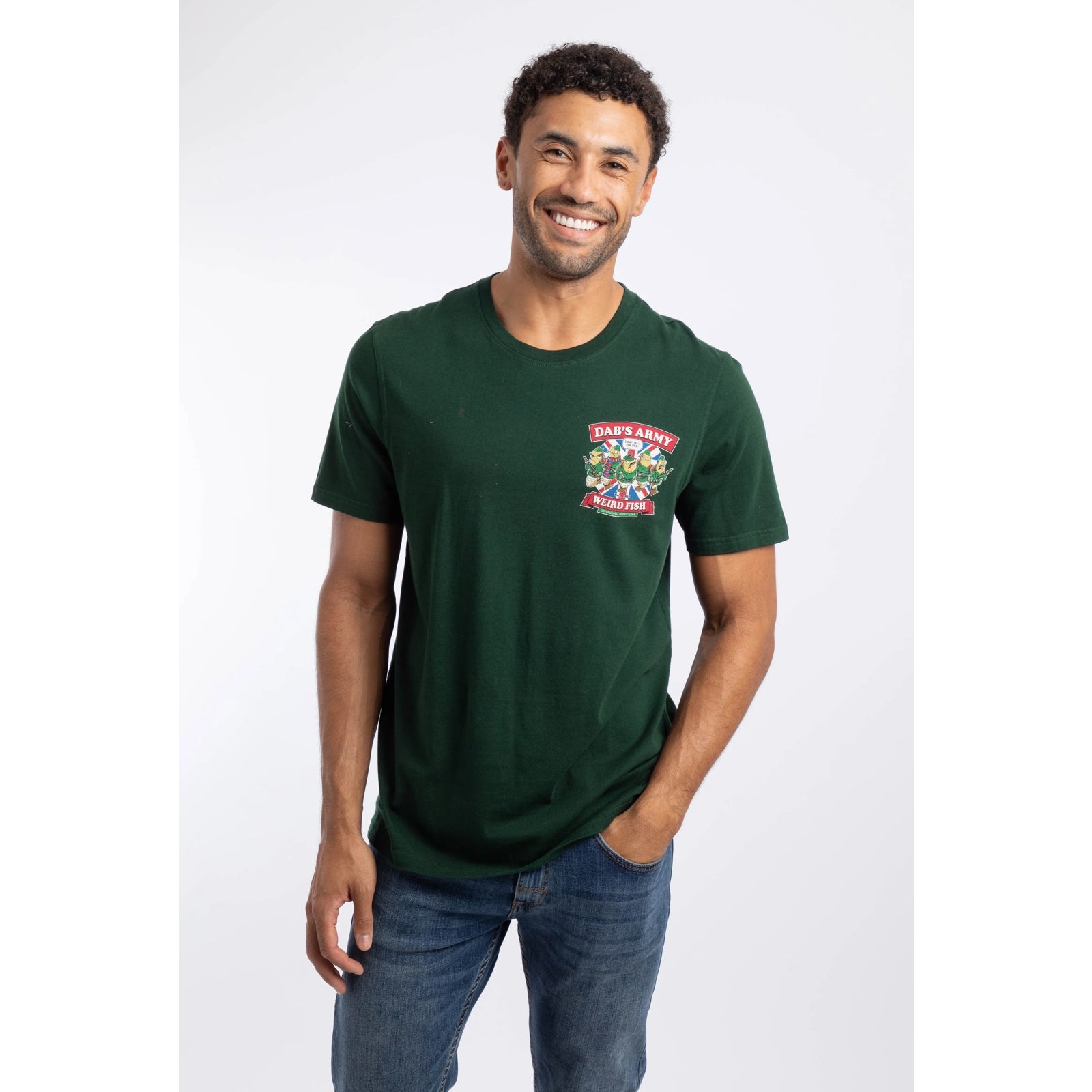 Front view of a man wearing a Weird Fish Dab's Army printed t-shirt, in beetle green, featuring a small Dad's Army TV show themed print on one side of the chest with the lines: "Dab's Army" "Don't Tell Him, Pike!", "Weird Fish".