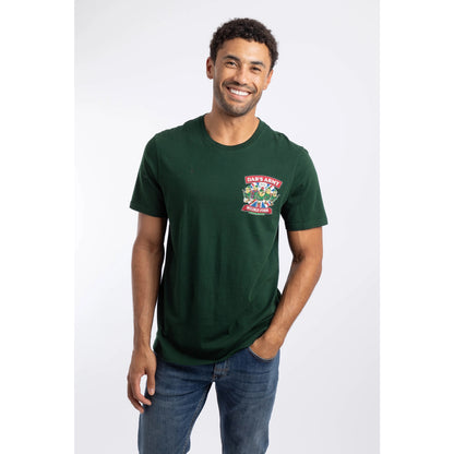 Front view of a man wearing a Weird Fish Dab's Army printed t-shirt, in beetle green, featuring a small Dad's Army TV show themed print on one side of the chest with the lines: "Dab's Army" "Don't Tell Him, Pike!", "Weird Fish".
