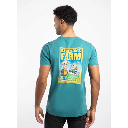 Man wearing a teal Weird Fish t-shirt with Barksons Farm graphic design on the back