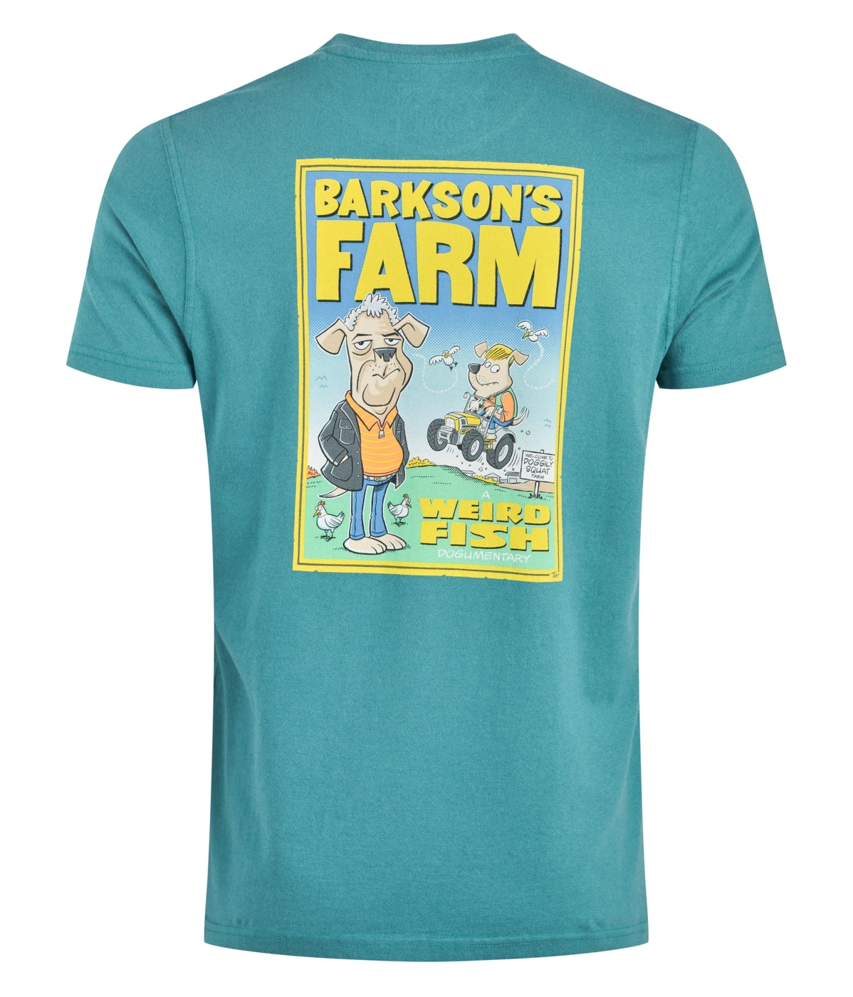 Teal Weird Fish mens t-shirt with a cartoon graphic and 'Barkson's Farm' text on a white background