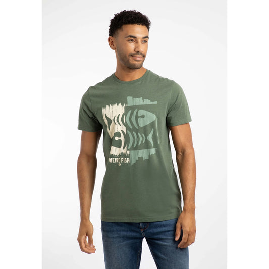 Man wearing a Weird Fish short sleeve Double Fish green t-shirt with a fishbones logo print on a white background