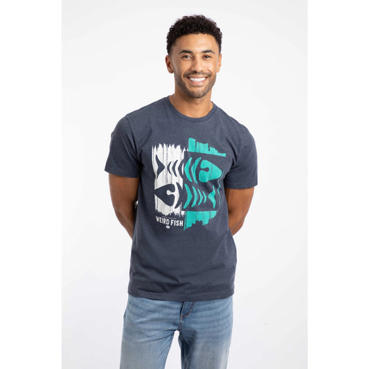 Front view of a man wearing a Weird Fish Double Fish short sleeve crew neck t-shirt in Navy with a distressed style fishbones print on a white background