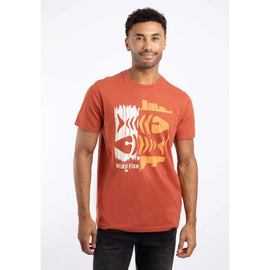 Front view of a man wearing an orange red Weird Fish short sleeve Double Fish t-shirt with a fishbones print on a white background