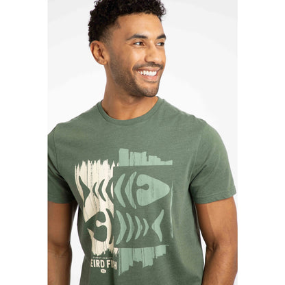 Closeup of a man wearing a Weird Fish short sleeve tee in Deep Lichen Green with a distressed style fishbones print on the front on a white background