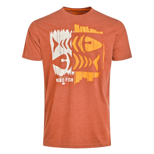 Front view of a Weird Fish mens short sleeve orange  Double Fish t-shirt with fishbones print on a white background