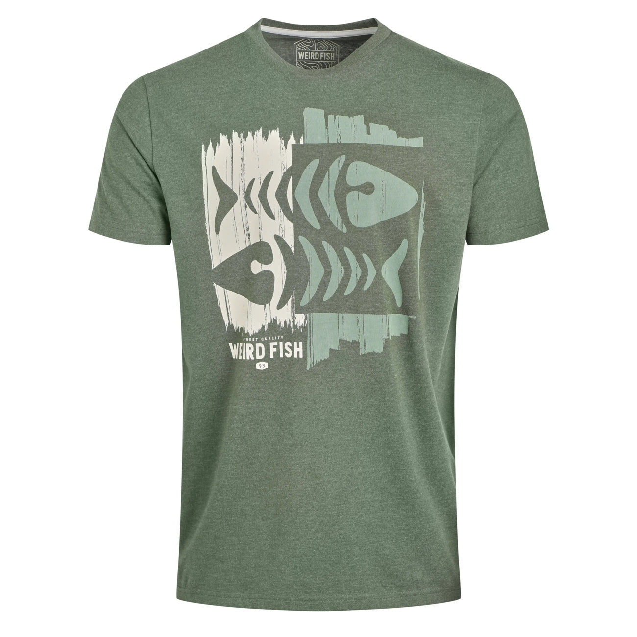 Front view of a mens Weird Fish Double Fish t-shirt in Deep Lichen Green with a fishbones logo print on a white background