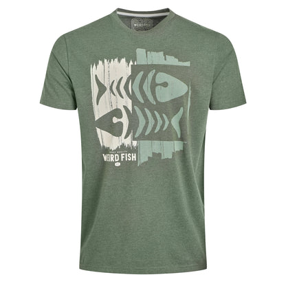 Front view of a mens Weird Fish Double Fish t-shirt in Deep Lichen Green with a fishbones logo print on a white background