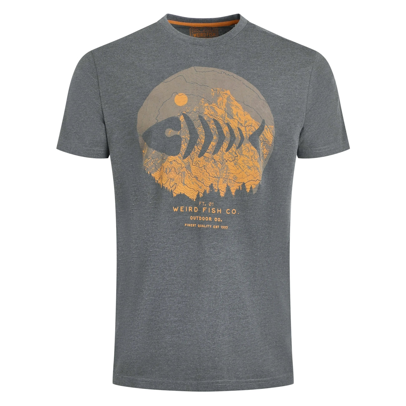 Front view of a mens Weird Fish grey Explorer t-shirt with a fish graphic and 'Weird Fish Co.' text on a white background