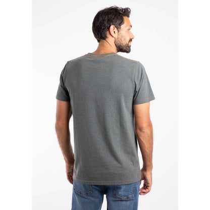 Back view of a man wearing a grey Weird Fish Explorer t-shirt on a white background