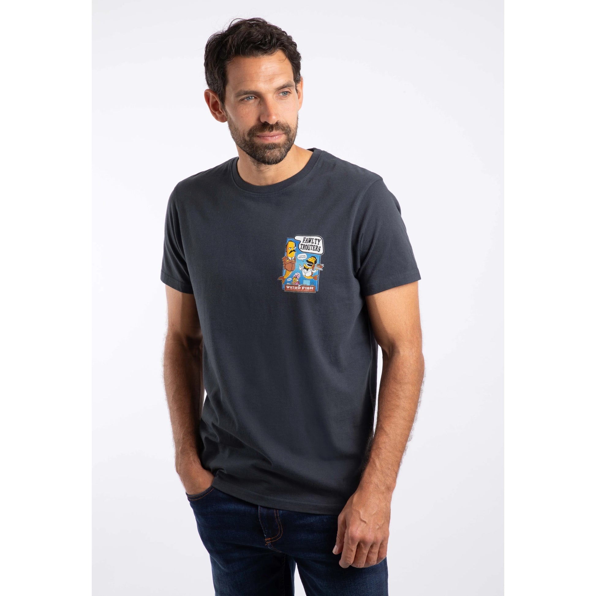Weird Fish mens Fawlty Trouters T-Shirt Navy worn by male model with graphic print on chest