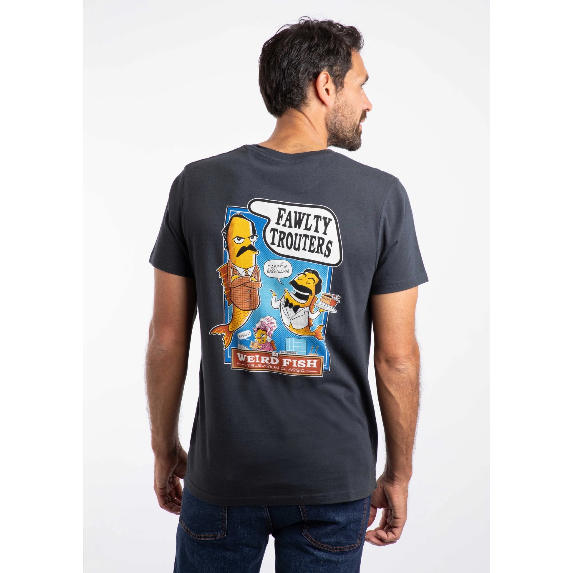Front view of a Weird Fish mens Fawlty Trouters T-Shirt Navy with cartoon graphic design