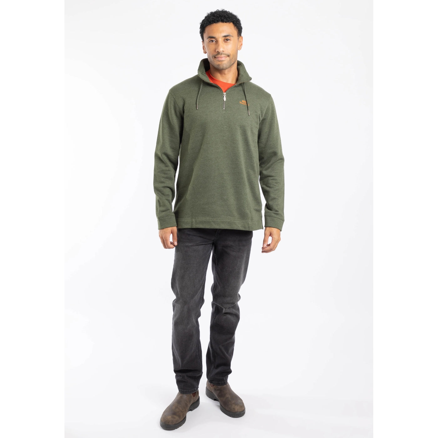 Man wearing a green Weird Fish Brampton sweatshirt with a logo on a white background