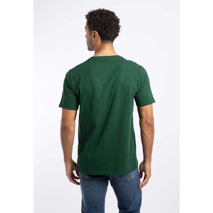Back view of a man wearing a Weird Fish short sleeve Fished t-shirt in Pine Green.