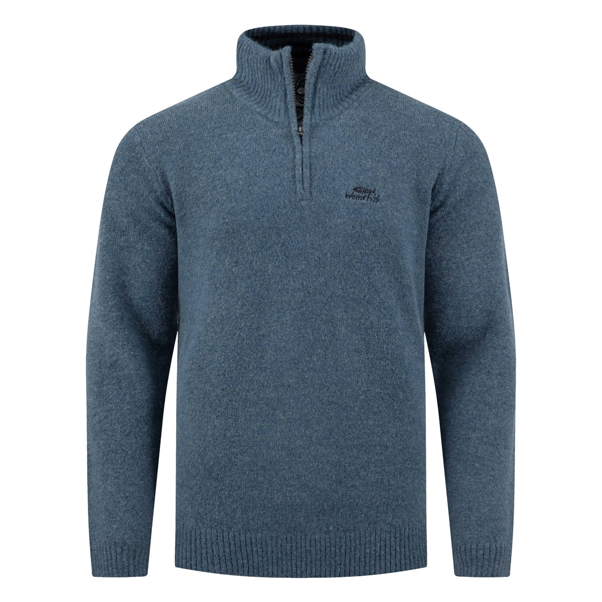 Front view of a Weird Fish 1/4 zip Altwood knitted jumper in Ash Blue.