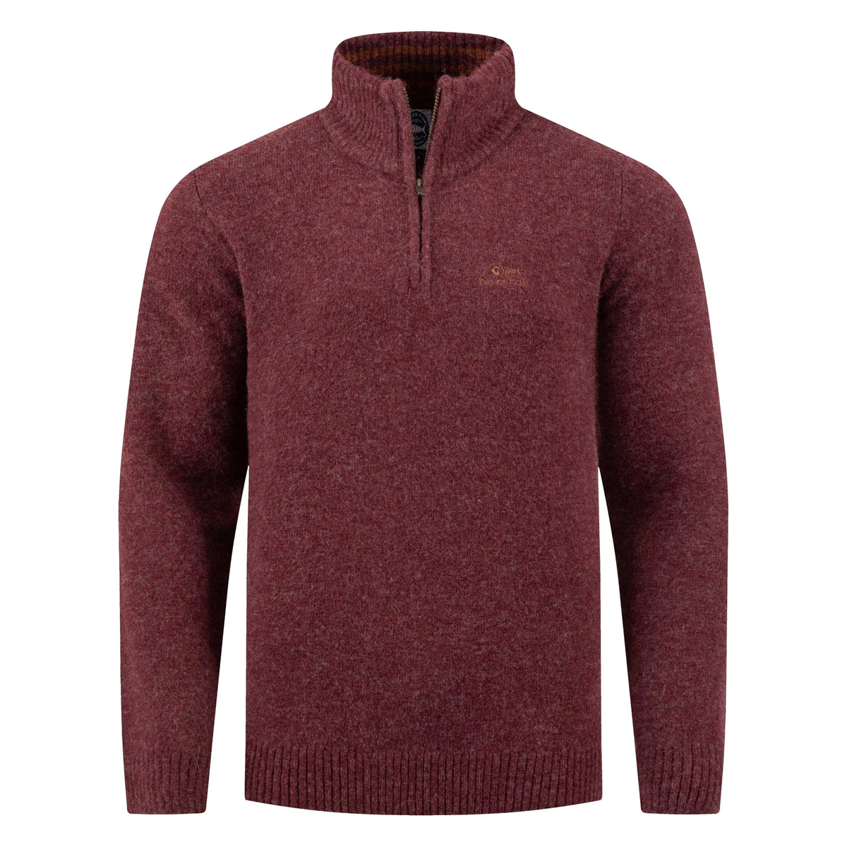Front view of a Weird Fish 1/4 zip Altwood knitted jumper in Garnet Red