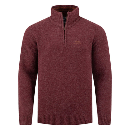 Front view of a Weird Fish 1/4 zip Altwood knitted jumper in Garnet Red