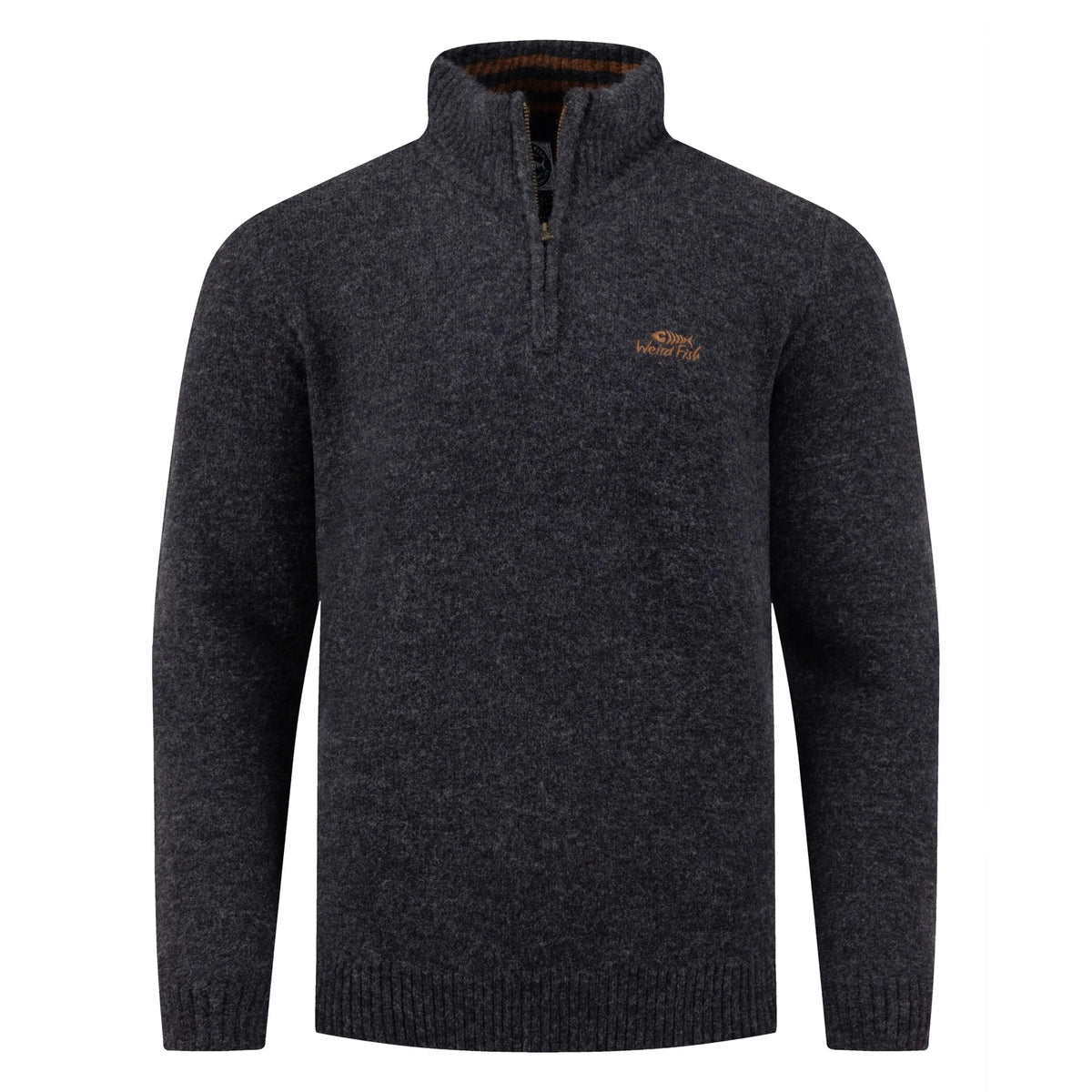 Front view of a Weird Fish 1/4 zip Altwood knitted jumper in Midnight Navy.