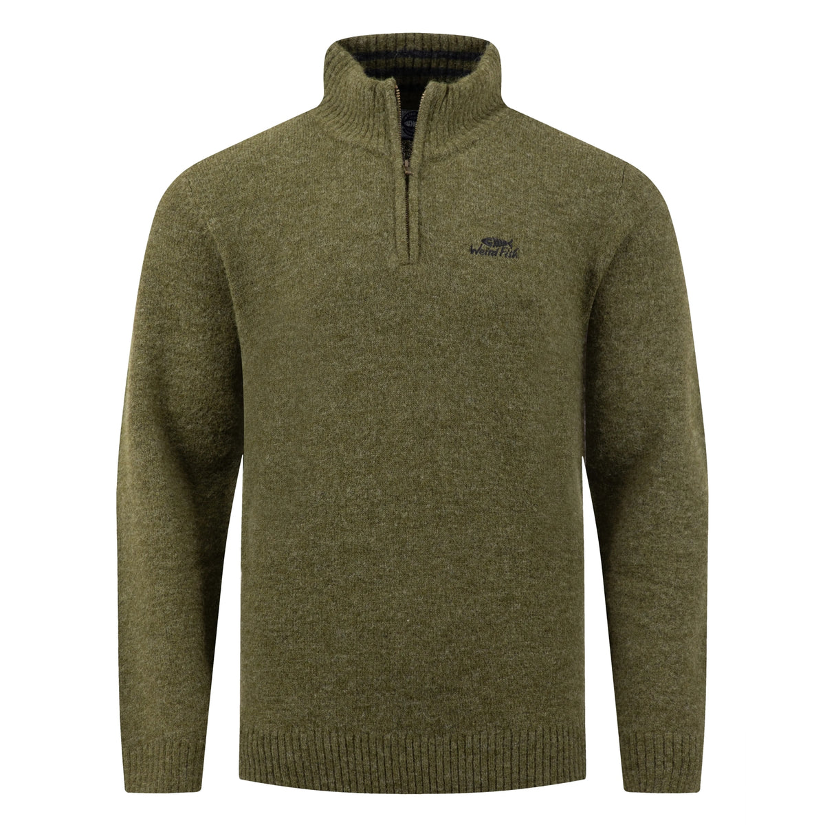 Front view of a Weird Fish 1/4 zip Altwood knitted jumper in Winter Green.