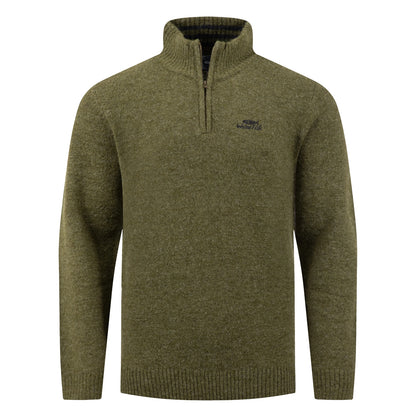 Front view of a Weird Fish 1/4 zip Altwood knitted jumper in Winter Green.