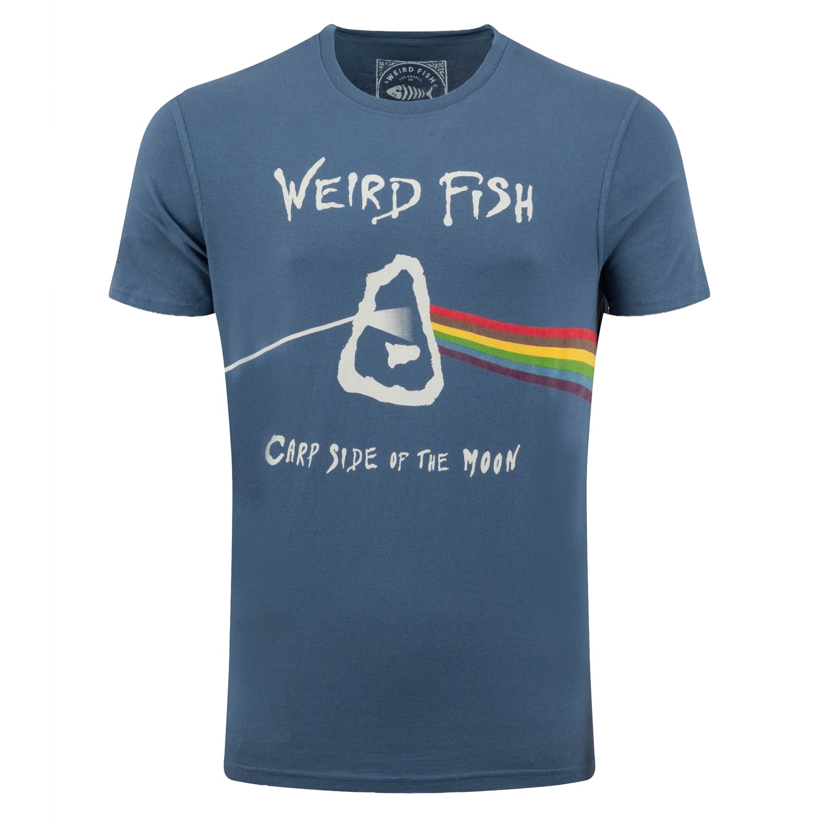 Front view of a mens Weird Fish 'Carp Side of the Moon' printed short sleeve t-shirt in Ensign Blue, featuring a Pink Floyd themed graphic print, with the text 'WEIRD FISH' and 'CARP SIDE OF THE MOON'.