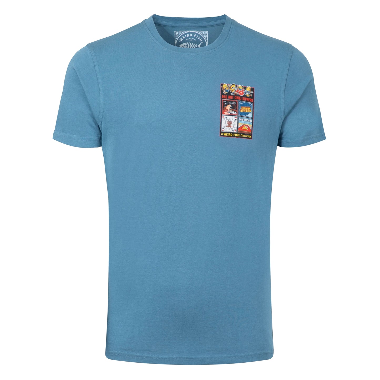 A Weird Fish mens short sleeve Chili Kippers t-shirt in Washed Blue with small print on the front.