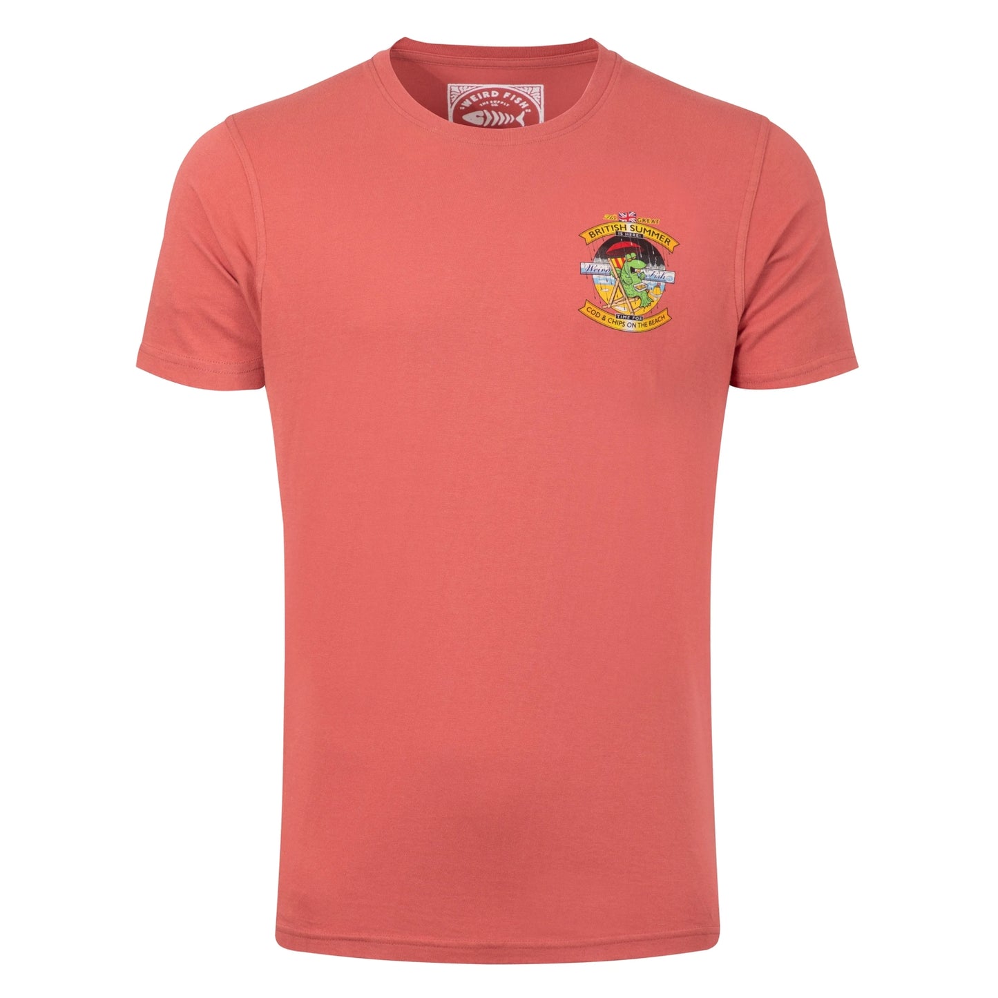 A Weird Fish mens Cod and Chips print short sleeve t-shirt in Nantucket Red with small print on the front.