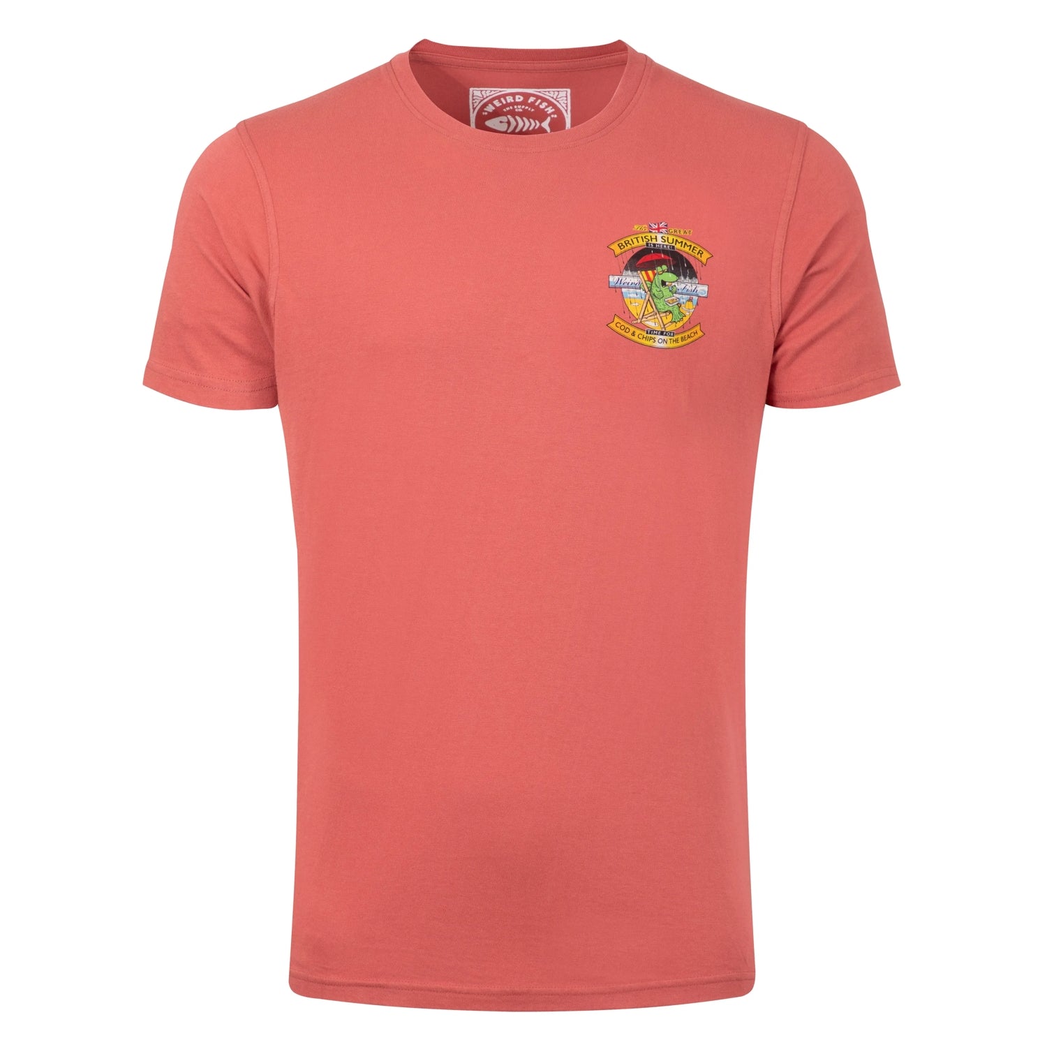 A Weird Fish mens Cod and Chips print short sleeve t-shirt in Nantucket Red with small print on the front.