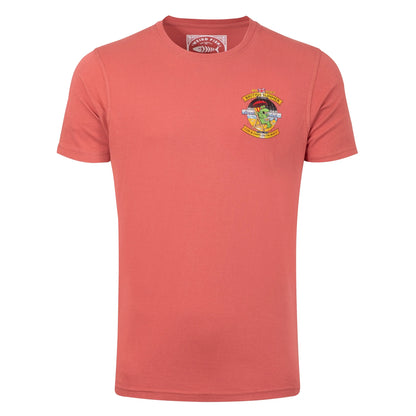 A Weird Fish mens Cod and Chips print short sleeve t-shirt in Nantucket Red with small print on the front.