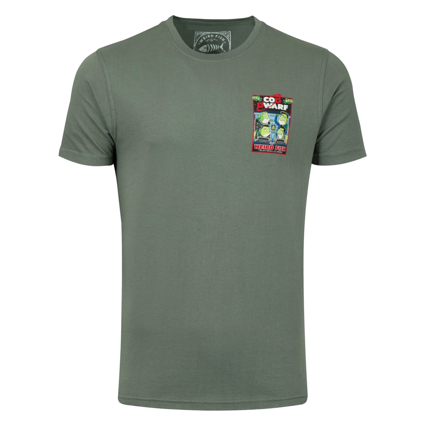 Front view of a Weird Fish men's Cod Dwarf printed short sleeve t-shirt in Storm Grey.