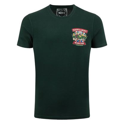 Front view of a men's Weird Fish Dab's Army printed t-shirt, in beetle green, featuring a small Dad's Army TV show themed print on one side of the chest with the lines: "Dab's Army" "Don't Tell Him, Pike!", "Weird Fish".
