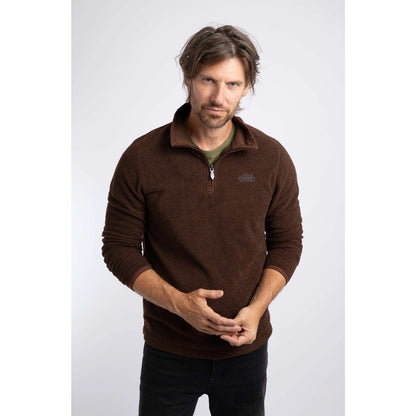 Front view of a man wearing a Weird Fish quarter zip textured Errill fleece in Chocolate brown.