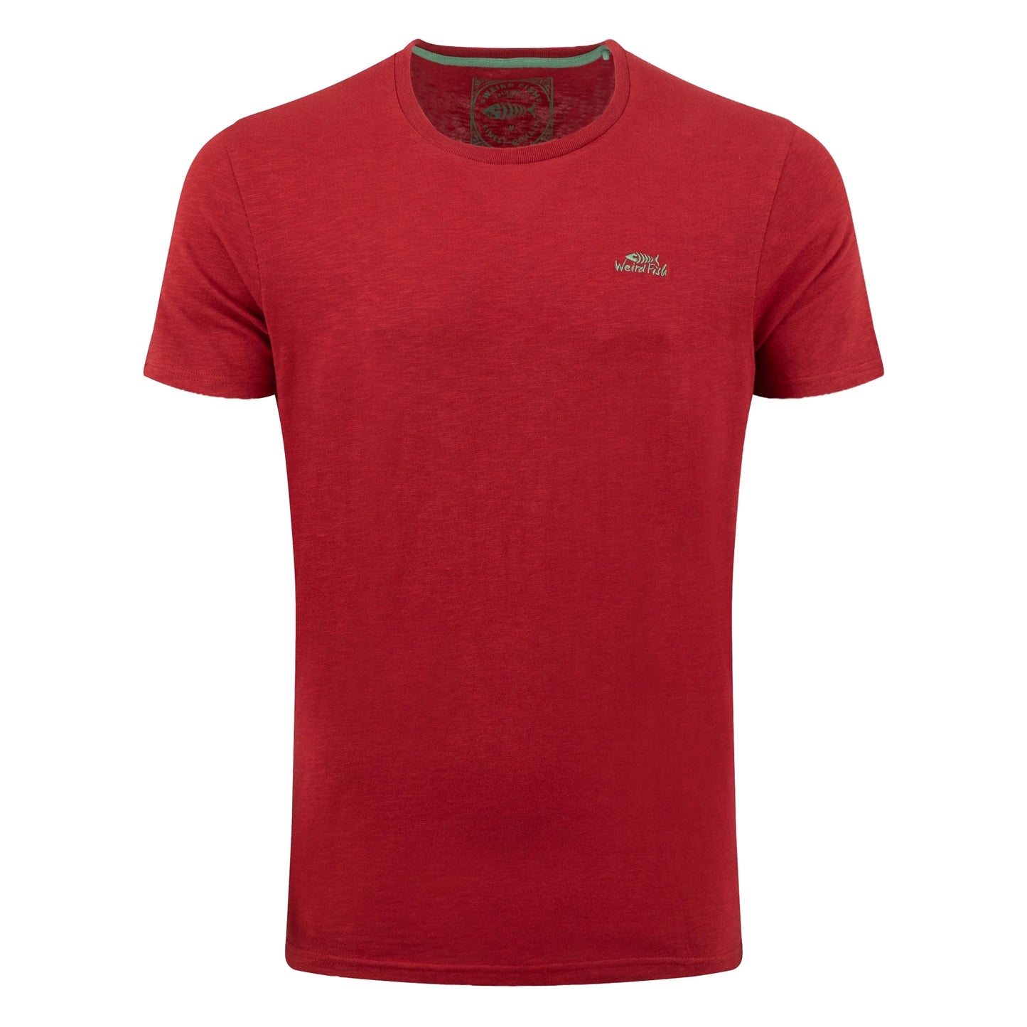 Main front view of a mens Weird Fish crew neck short sleeve Fished t-shirt in Barn Red with small logo on one side of the chest.