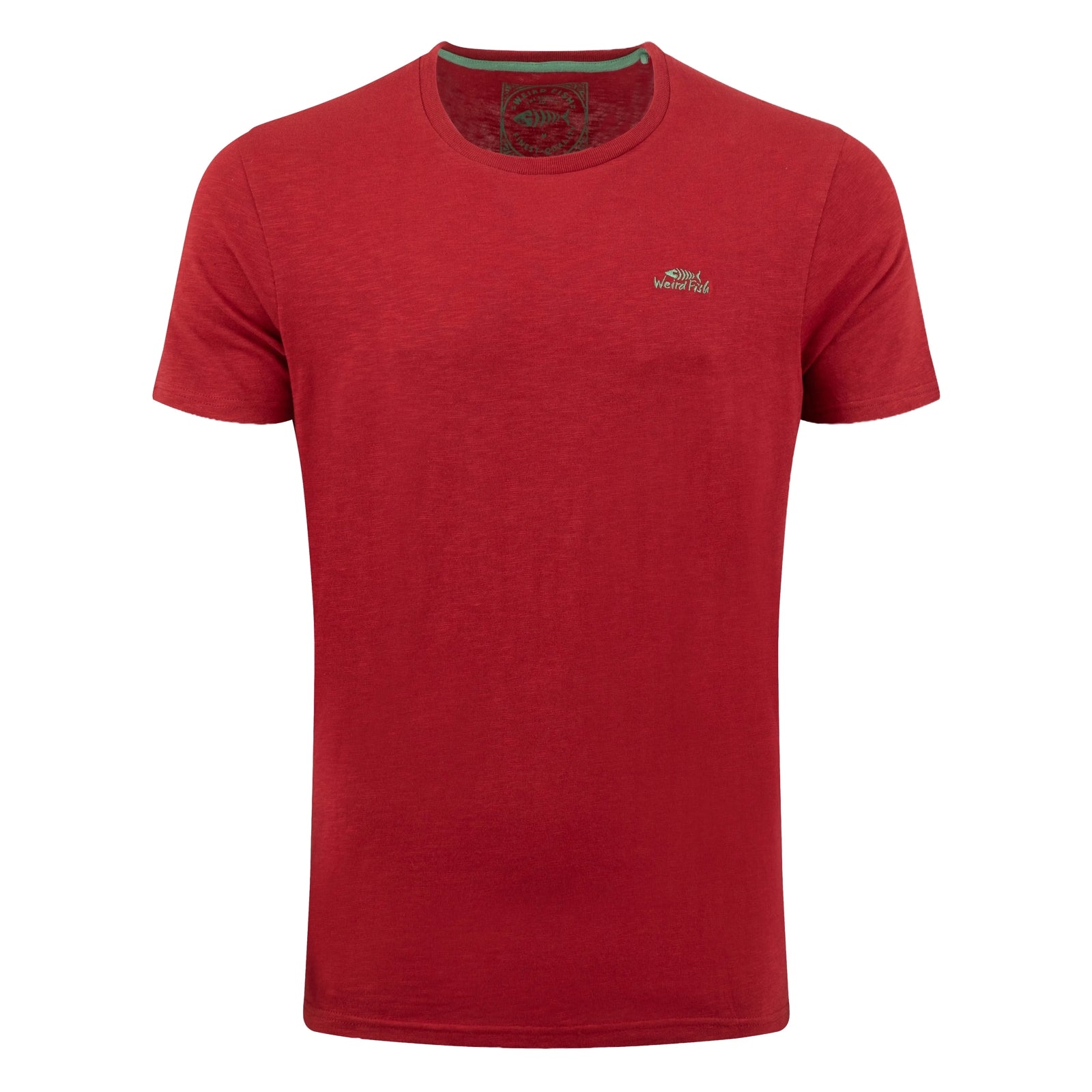 Main front view of a mens Weird Fish crew neck short sleeve Fished t-shirt in Barn Red with small logo on one side of the chest.