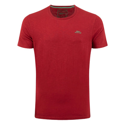 Main front view of a mens Weird Fish crew neck short sleeve Fished t-shirt in Barn Red with small logo on one side of the chest.