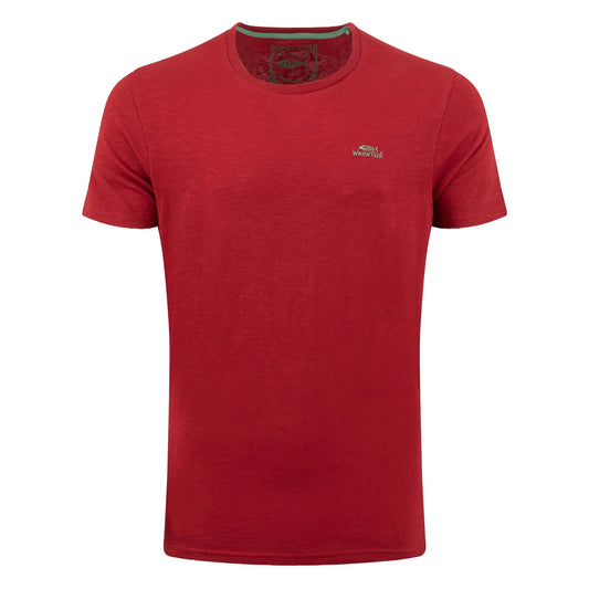 Main front view of a mens Weird Fish crew neck short sleeve Fished t-shirt in Barn Red with small logo on one side of the chest.